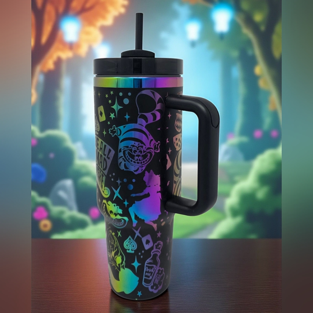 Alice In Wonderland 40 oz Black with Rainbow Underlay Laser Engraved Tumbler